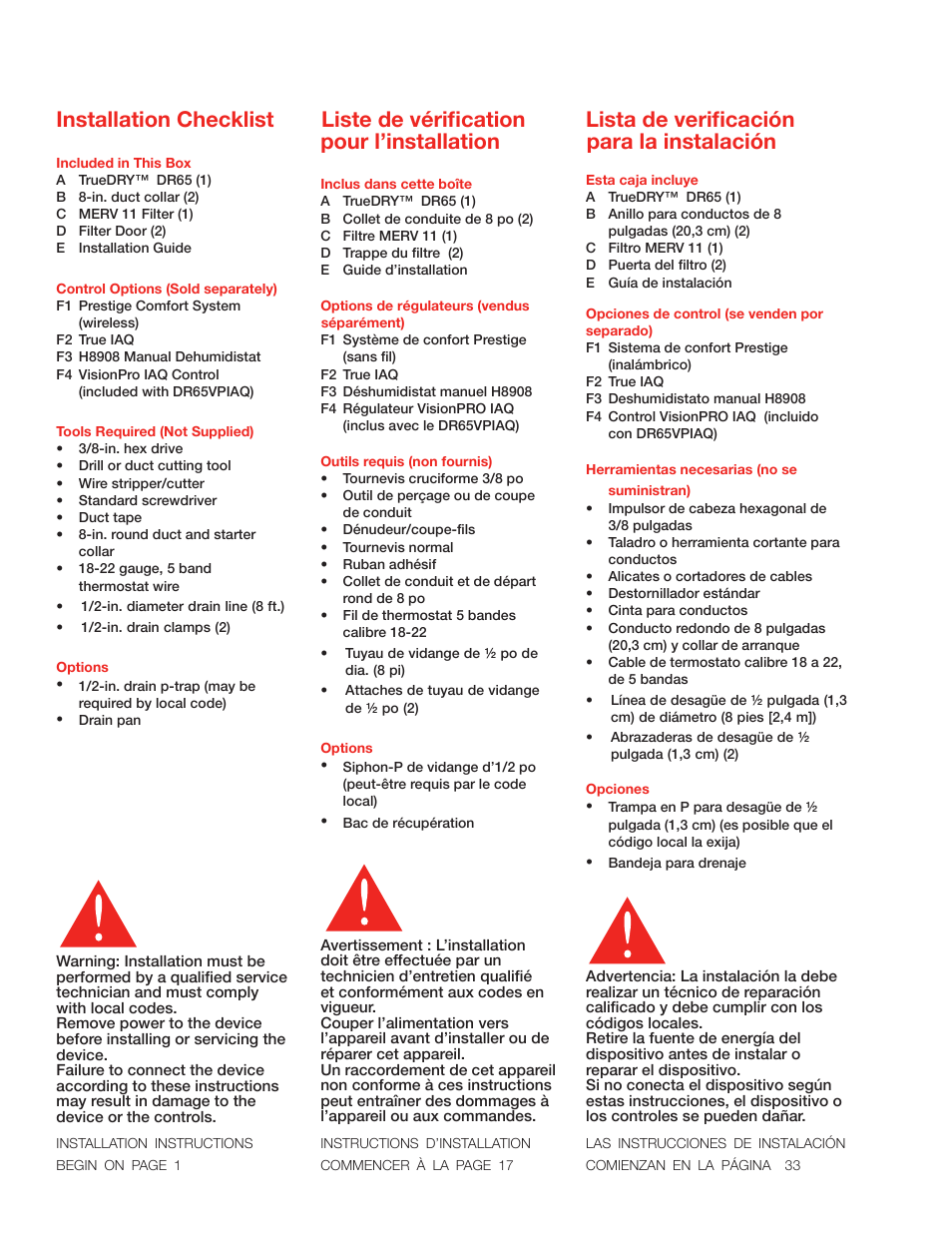 Installation checklist, Liste de vérification pour l’installation, Lista de verificación para la instalación | Honeywell DR65 User Manual | Page 2 / 52