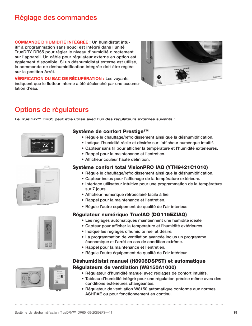 Réglage des commandes, Options de régulateurs | Honeywell DR65 User Manual | Page 21 / 52