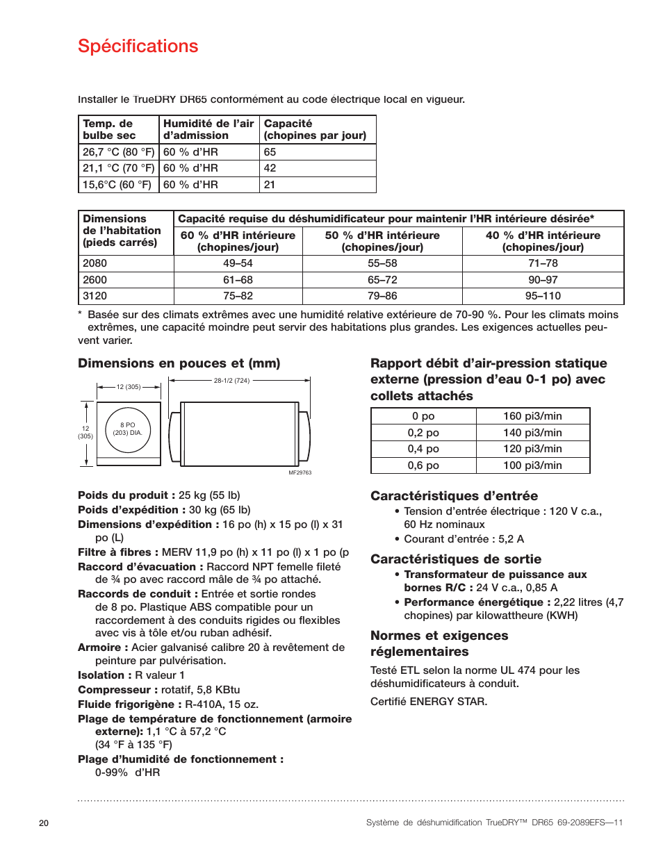 Spécifications | Honeywell DR65 User Manual | Page 22 / 52