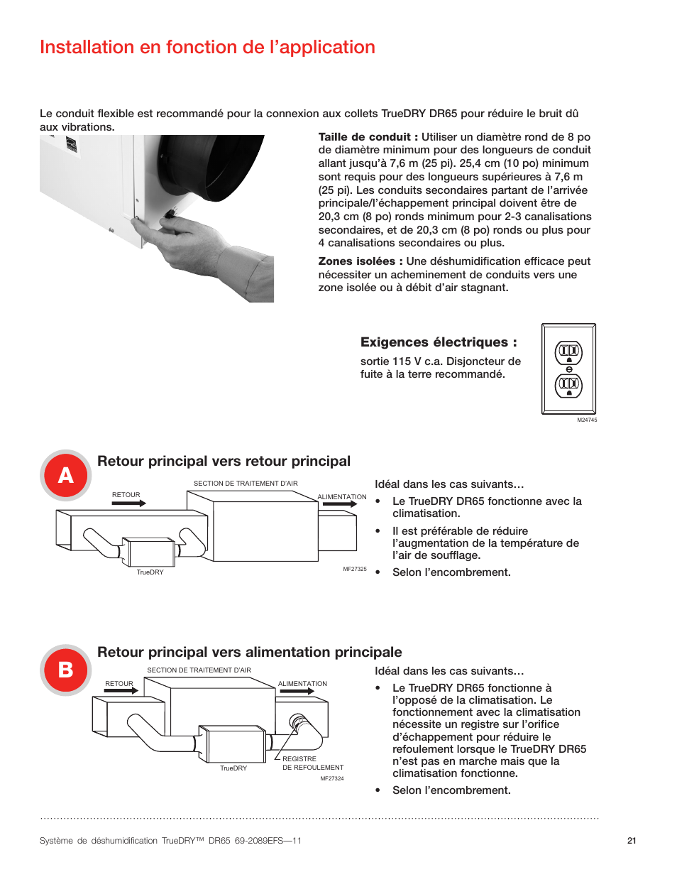 Installation en fonction de l’application, Retour principal vers retour principal, Retour principal vers alimentation principale | Exigences électriques | Honeywell DR65 User Manual | Page 23 / 52