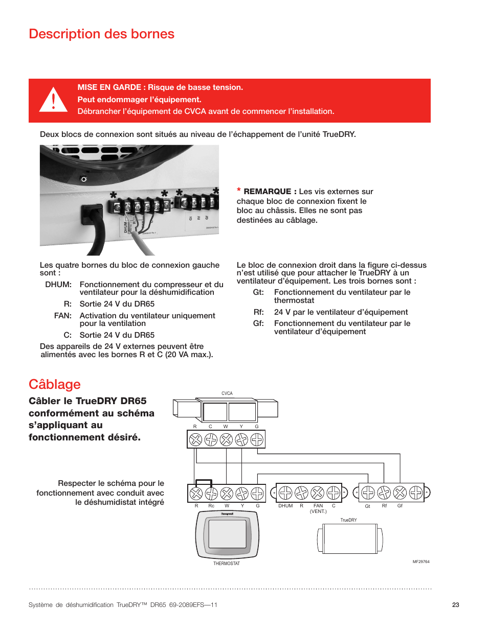 Description des bornes, Câblage | Honeywell DR65 User Manual | Page 25 / 52