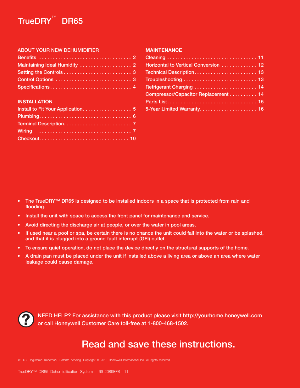 Read and save these instructions, Truedry, Dr65 | Honeywell DR65 User Manual | Page 3 / 52