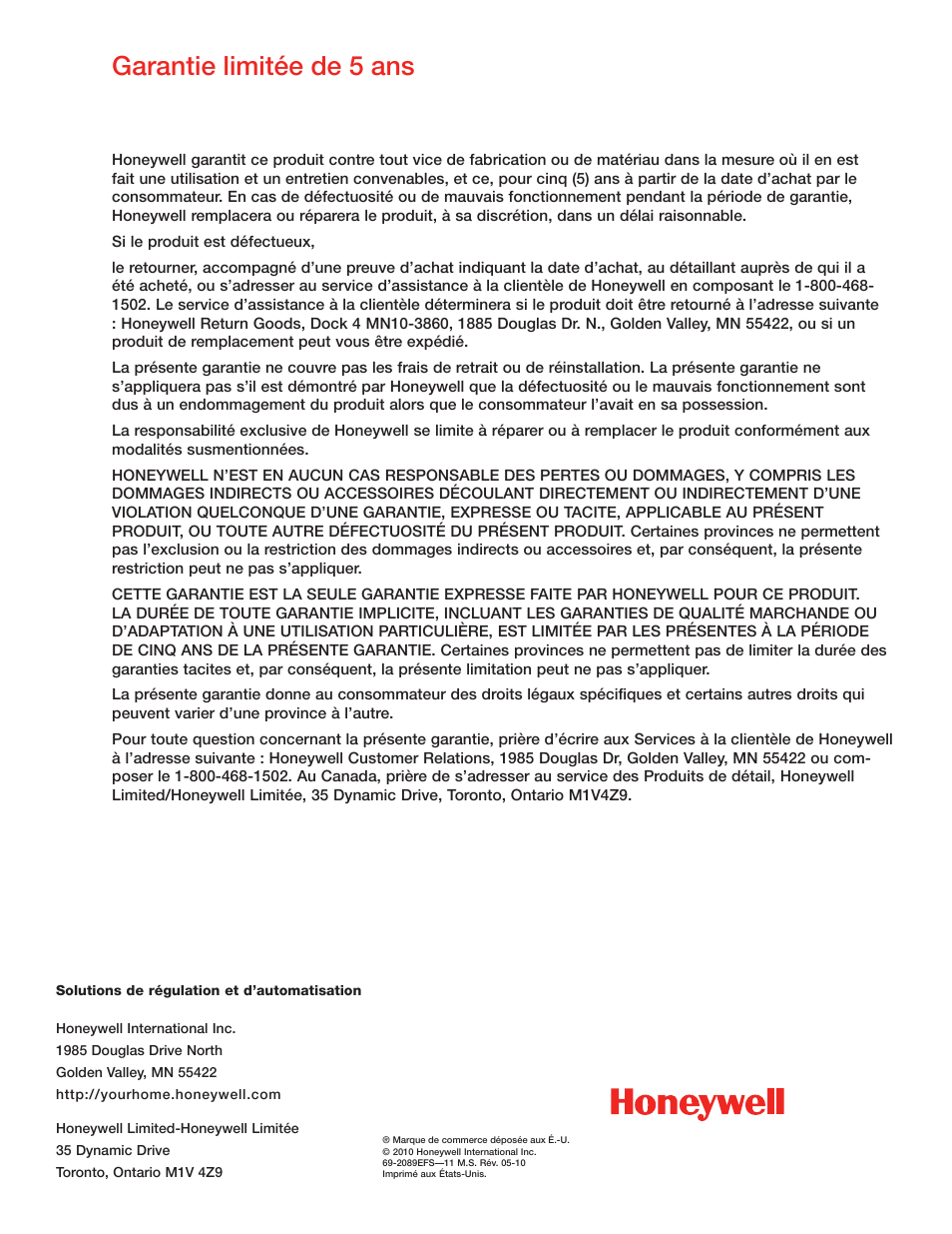 Garantie limitée de 5 ans | Honeywell DR65 User Manual | Page 34 / 52