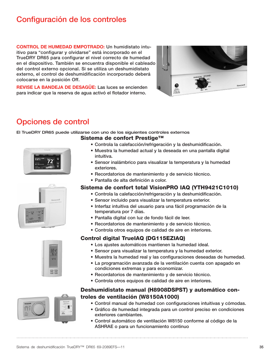 Configuración de los controles, Opciones de control | Honeywell DR65 User Manual | Page 37 / 52