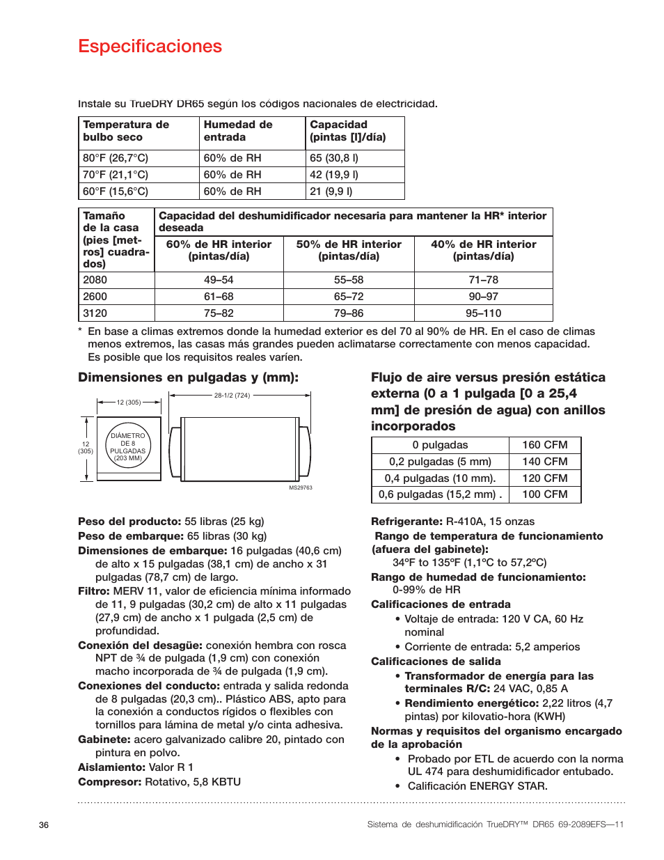 Especificaciones, Dimensiones en pulgadas y (mm) | Honeywell DR65 User Manual | Page 38 / 52