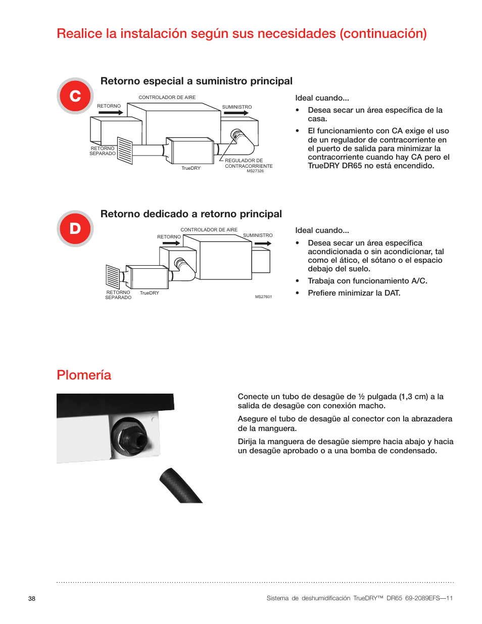 Retorno especial a suministro principal, Retorno dedicado a retorno principal | Honeywell DR65 User Manual | Page 40 / 52