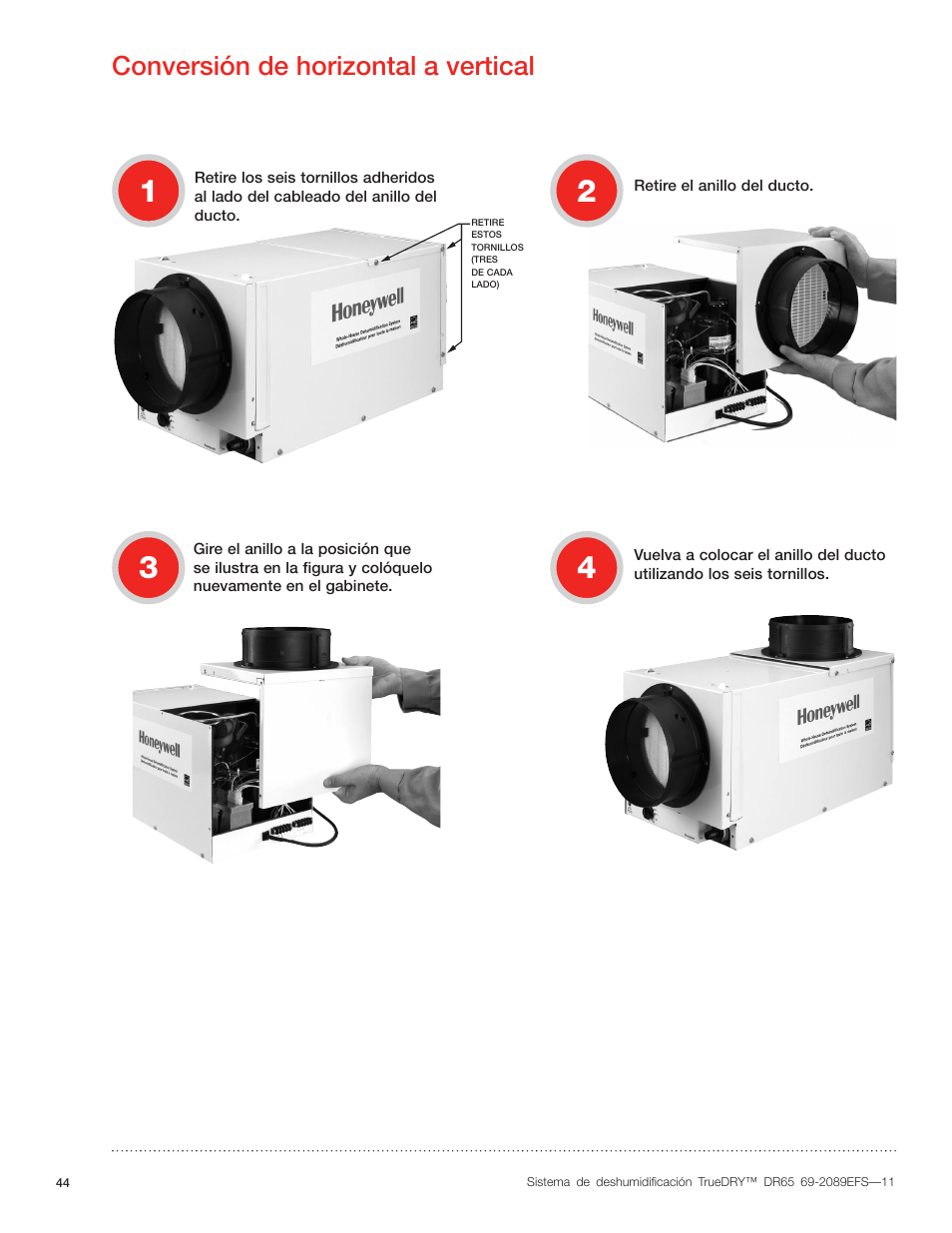 Conversión de horizontal a vertical | Honeywell DR65 User Manual | Page 46 / 52