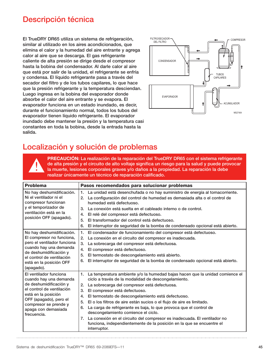 Descripción técnica, Localización y solución de problemas | Honeywell DR65 User Manual | Page 47 / 52