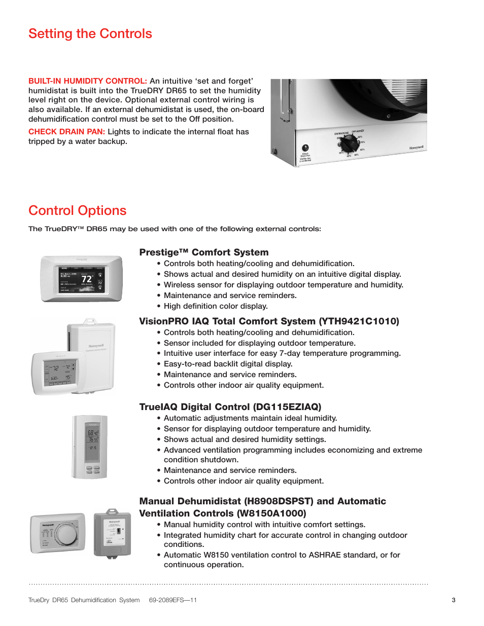 Setting the controls, Control options | Honeywell DR65 User Manual | Page 5 / 52