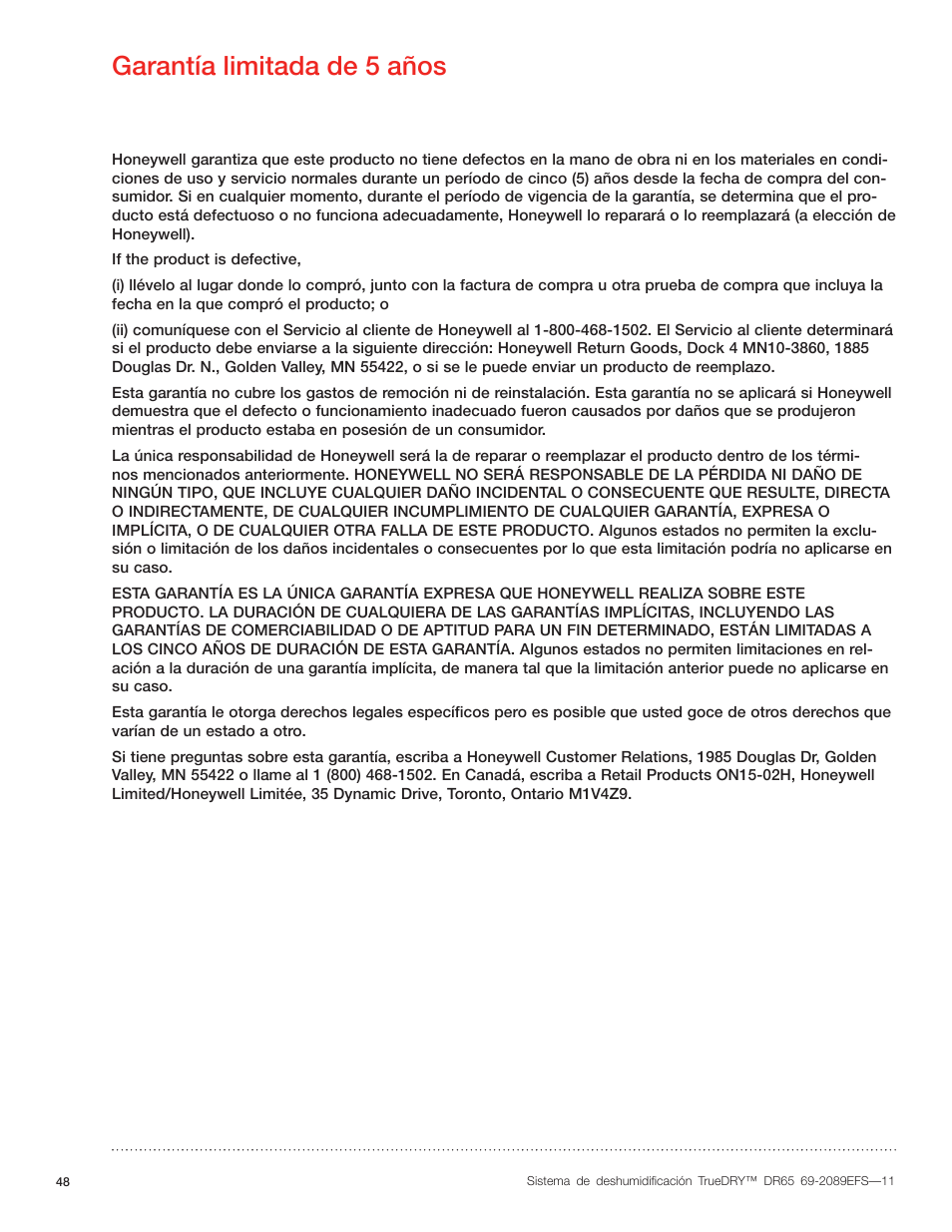 Garantía limitada de 5 años | Honeywell DR65 User Manual | Page 50 / 52