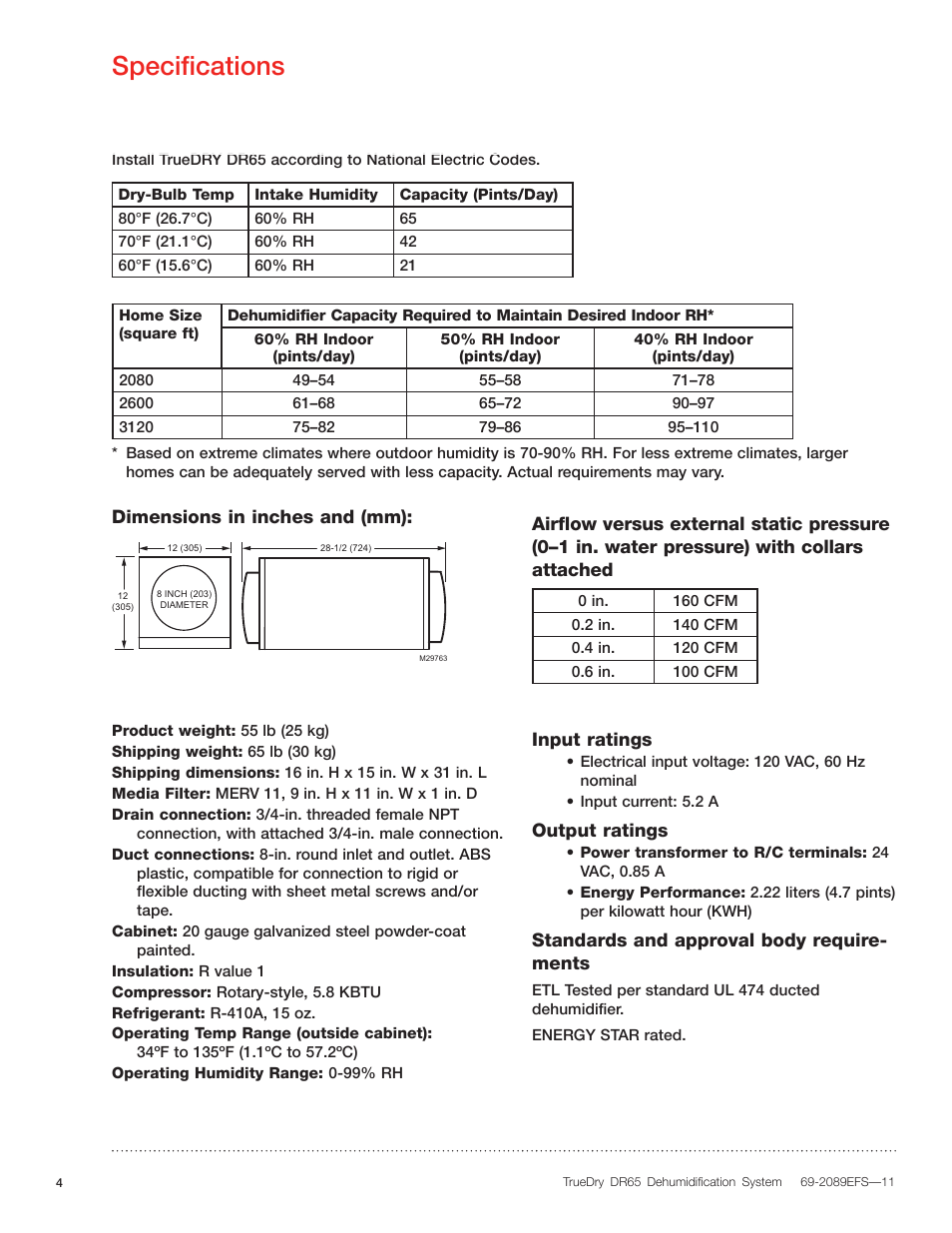 Specifications | Honeywell DR65 User Manual | Page 6 / 52