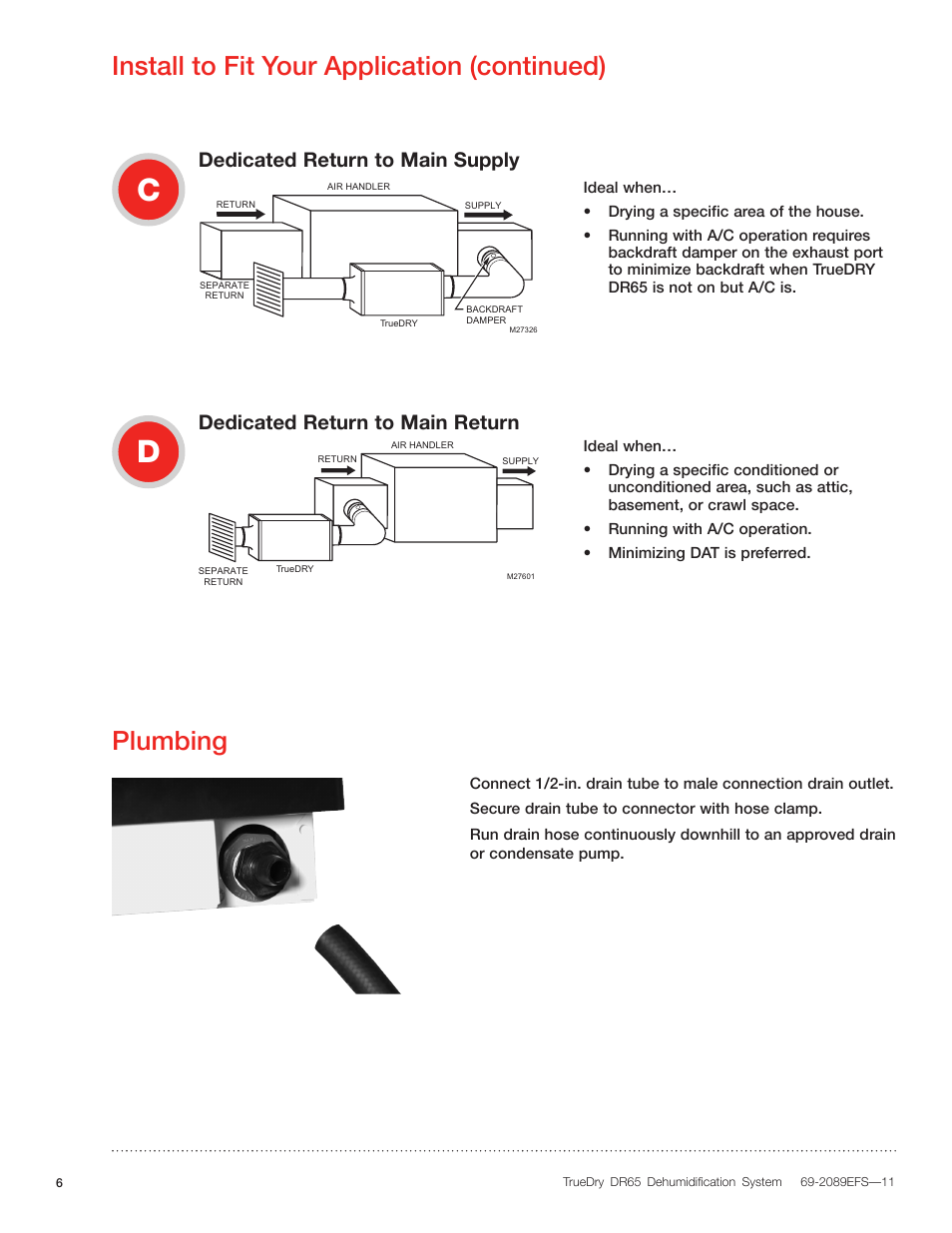 Dedicated return to main supply, Dedicated return to main return | Honeywell DR65 User Manual | Page 8 / 52