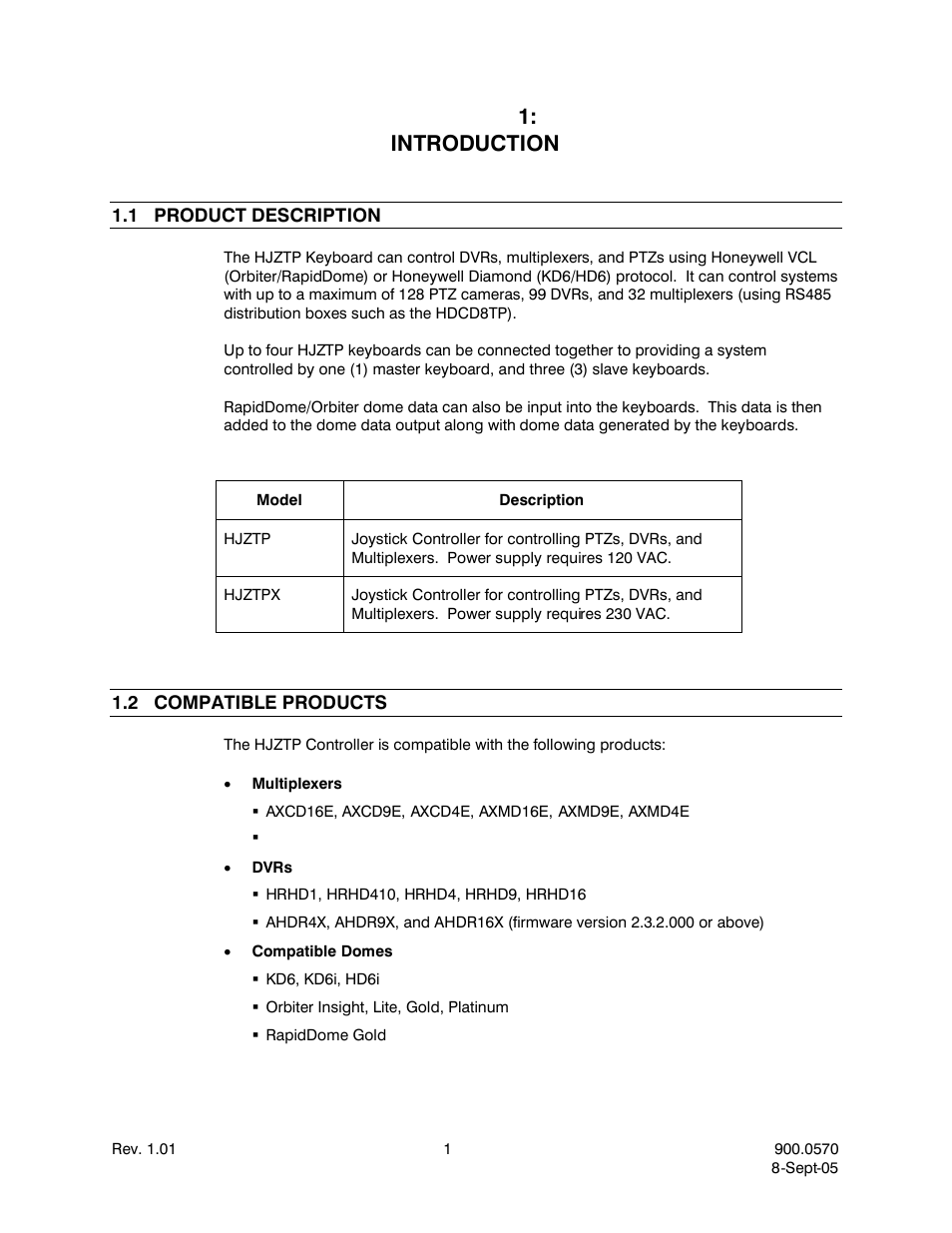 Section 1:introduction, 1product description, 2compatible products | Section, Introduction, Product description, Compatible products | Honeywell HJZTP User Manual | Page 11 / 64