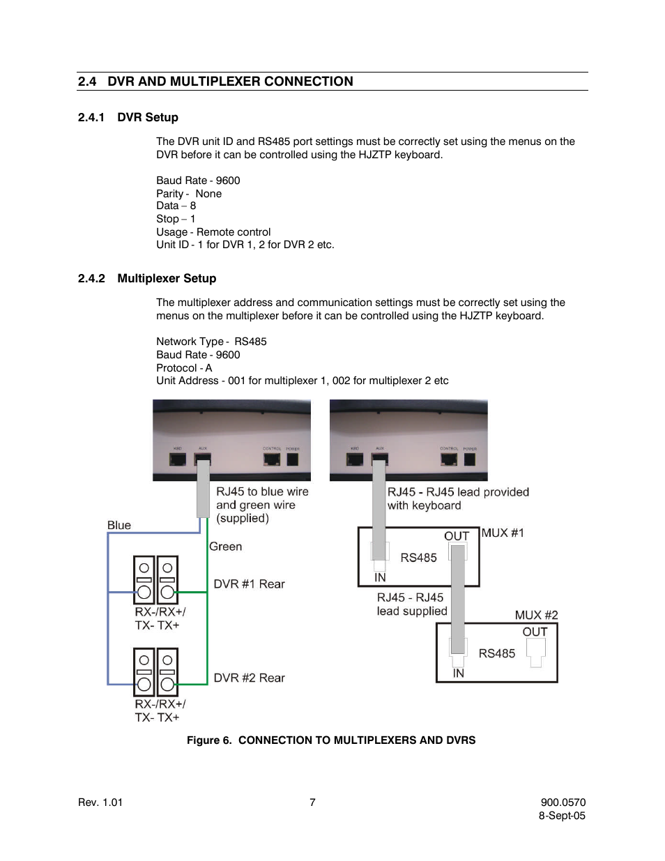 4dvr and multiplexer connection, 1dvr setup, 2multiplexer setup | Dvr and multiplexer connection, Dvr setup, Multiplexer setup, Figure 6. connection to multiplexers and dvrs | Honeywell HJZTP User Manual | Page 17 / 64