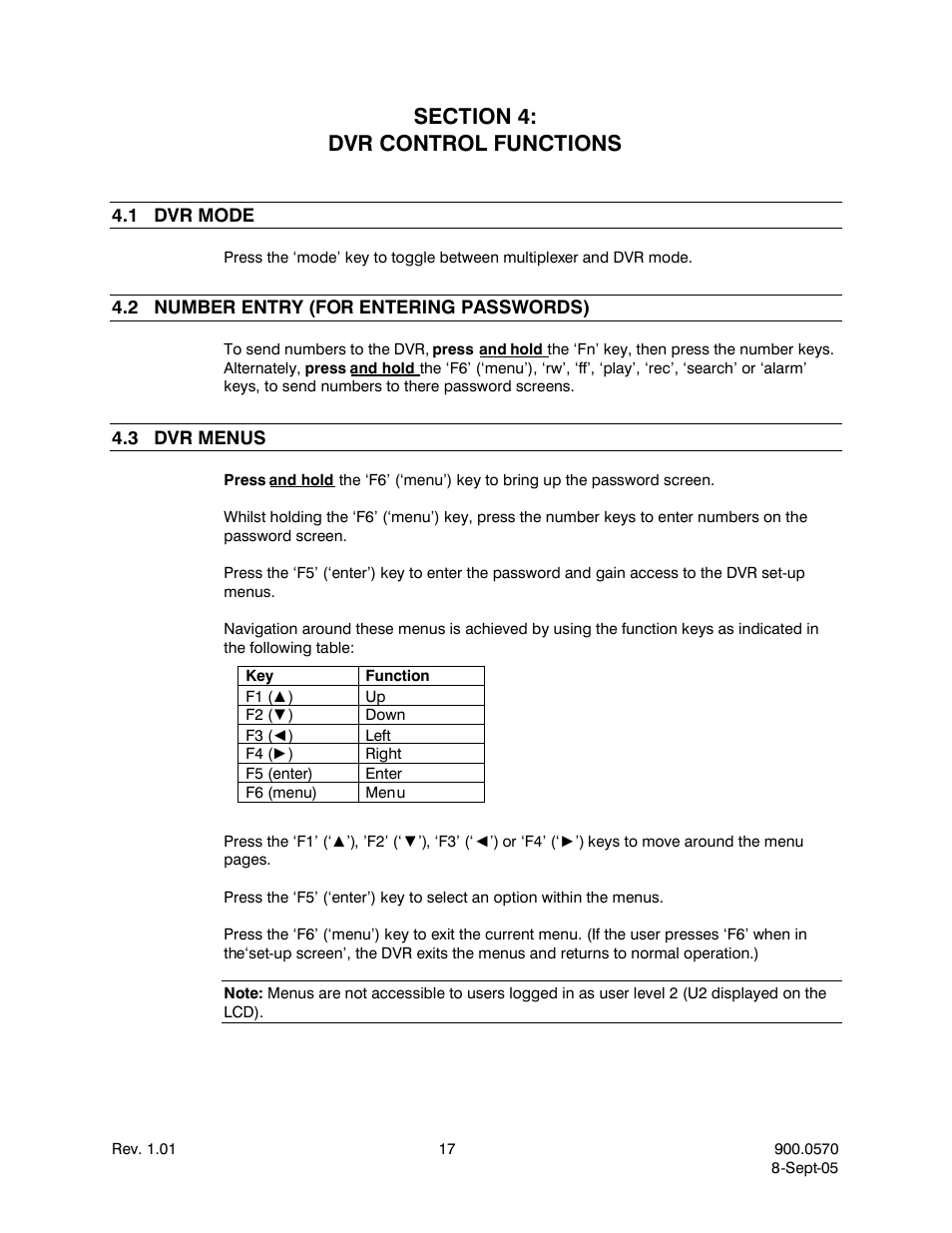 Section 4:dvr control functions, 1dvr mode, 2number entry (for entering passwords) | 3dvr menus, Section 4: dvr control functions, Dvr mode, Number entry (for entering passwords), Dvr menus | Honeywell HJZTP User Manual | Page 27 / 64