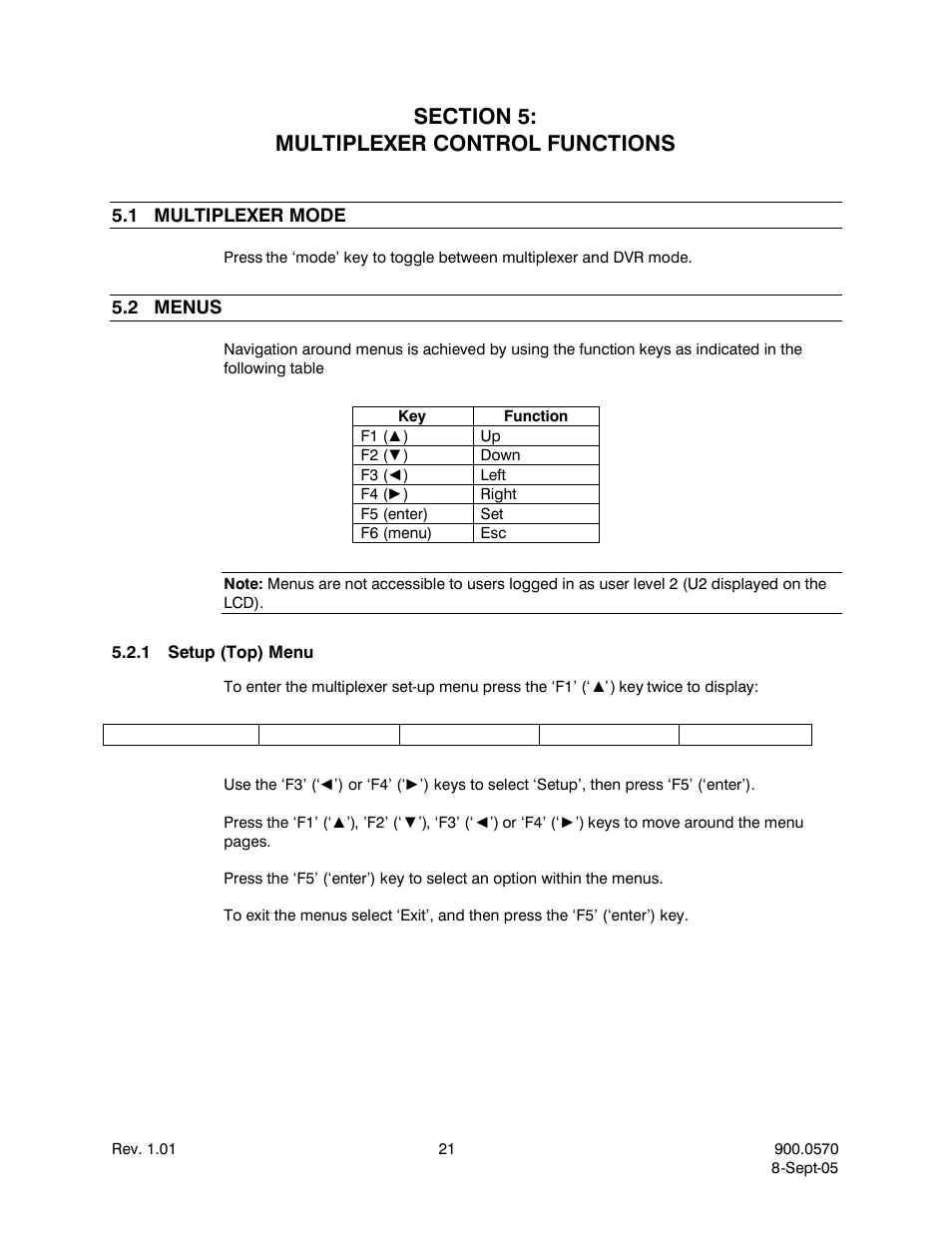 Section 5:multiplexer control functions, 1multiplexer mode, 2menus | 1setup (top) menu, Section 5: multiplexer control functions, Multiplexer mode, Menus, Setup (top) menu | Honeywell HJZTP User Manual | Page 31 / 64