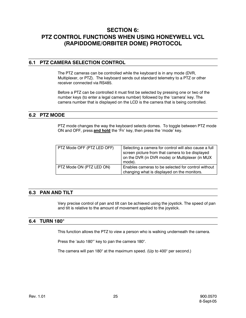 1ptz camera selection control, 2ptz mode, 3pan and tilt | 4turn 180, Dome) protocol, Ptz camera selection control, Ptz mode, Pan and tilt, Turn 180 | Honeywell HJZTP User Manual | Page 35 / 64