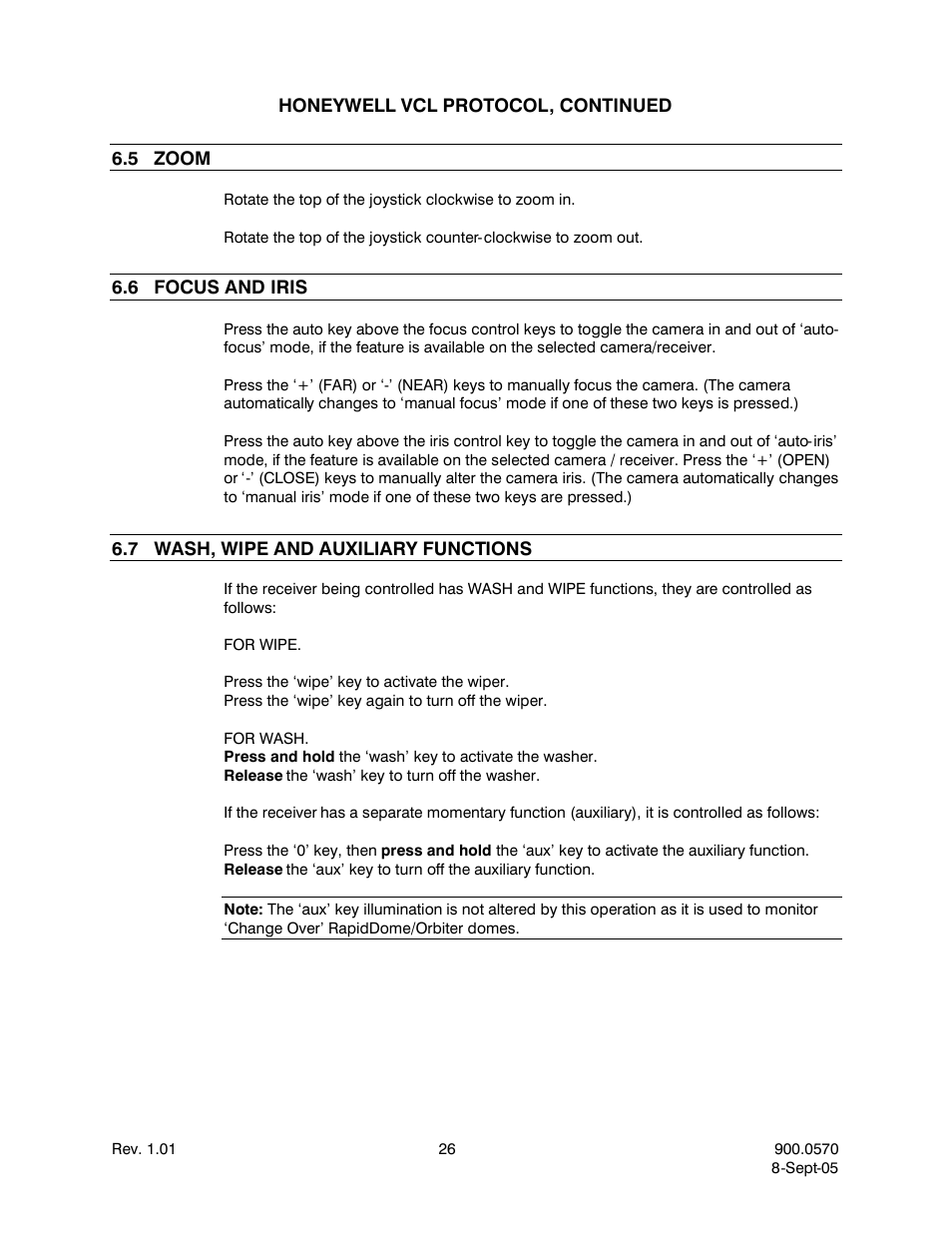 5zoom, 6focus and iris, 7wash, wipe and auxiliary functions | Zoom, Focus and iris, Wash, wipe and auxiliary functions | Honeywell HJZTP User Manual | Page 36 / 64