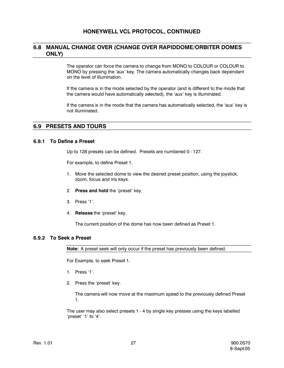 9presets and tours, 1to define a preset, 2to seek a preset | Presets and tours, To define a preset, To seek a preset | Honeywell HJZTP User Manual | Page 37 / 64