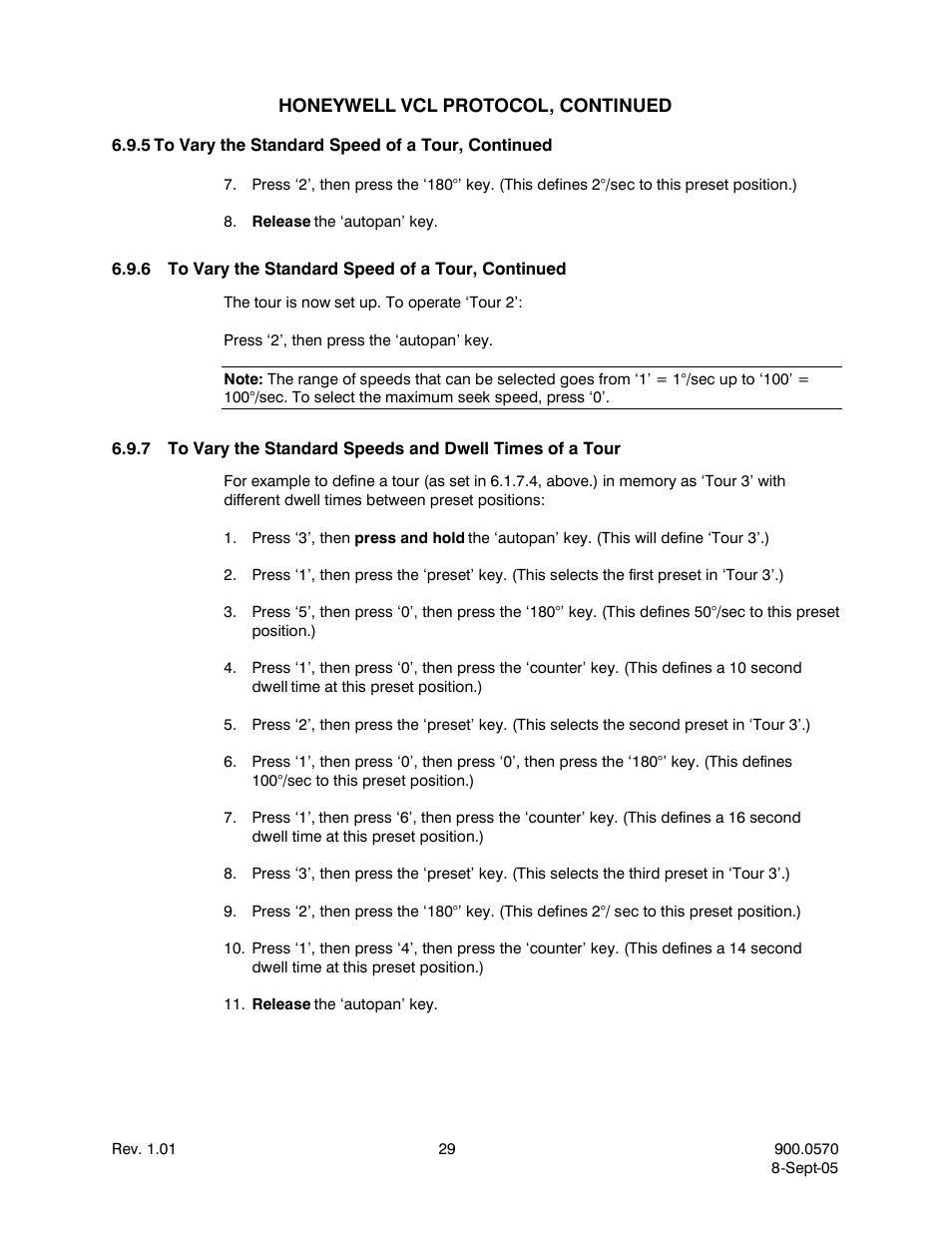 6to vary the standard speed of a tour, continued, To vary the standard speed of a tour, continued | Honeywell HJZTP User Manual | Page 39 / 64
