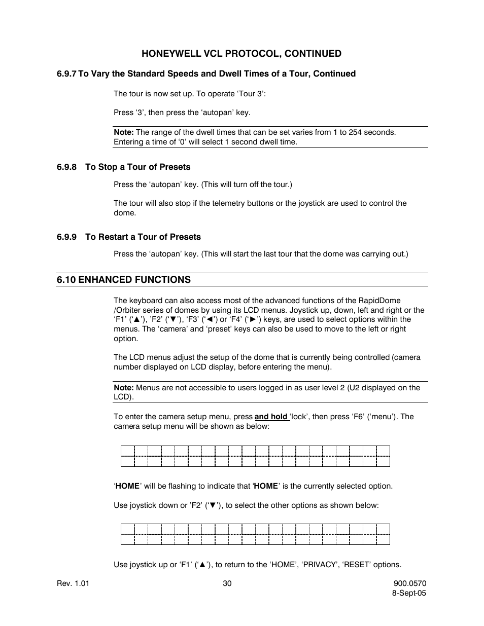 8to stop a tour of presets, 9to restart a tour of presets, 10enhanced functions | To stop a tour of presets, To restart a tour of presets, 10 enhanced functions | Honeywell HJZTP User Manual | Page 40 / 64