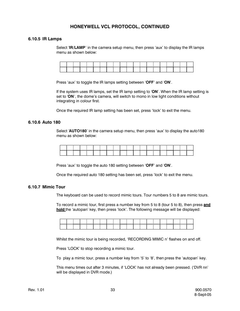 5ir lamps, 6auto 180, 7mimic tour | Ir lamps, Auto 180, Mimic tour | Honeywell HJZTP User Manual | Page 43 / 64