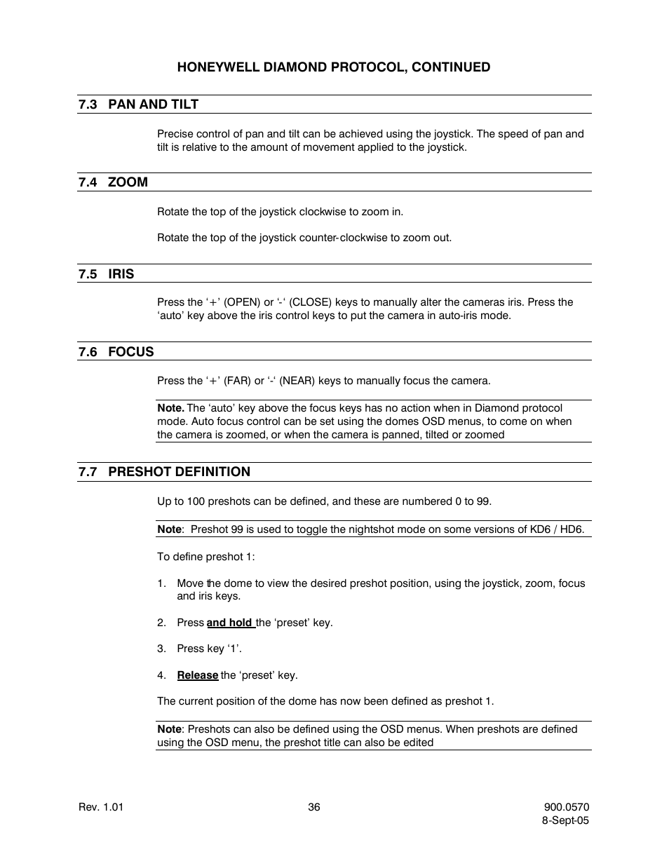 3pan and tilt, 4zoom, 5iris | 6focus, 7preshot definition, Pan and tilt, Zoom, Iris 3, Focus, Preshot definition | Honeywell HJZTP User Manual | Page 46 / 64