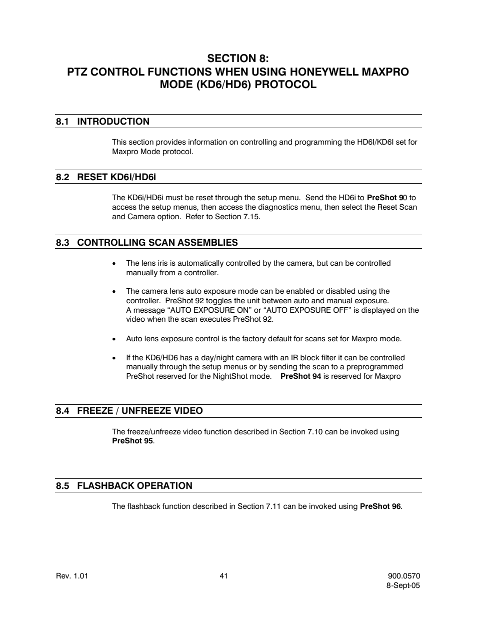 1introduction, 2reset kd6i/hd6i, 3controlling scan assemblies | 4freeze / unfreeze video, 5flashback operation, Kd6/hd6) protocol, Introduction, Reset kd6i/hd6i, Controlling scan assemblies, Freeze / unfreeze video | Honeywell HJZTP User Manual | Page 51 / 64