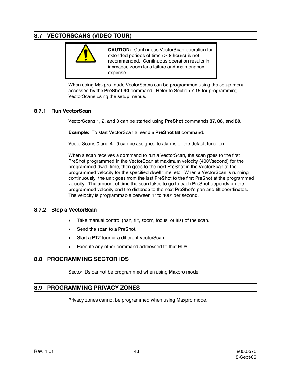 7vectorscans (video tour), 1run vectorscan, 2stop a vectorscan | 8programming sector ids, 9programming privacy zones, Vectorscans (video tour), Run vectorscan, Stop a vectorscan, Programming sector ids, Programming privacy zones | Honeywell HJZTP User Manual | Page 53 / 64