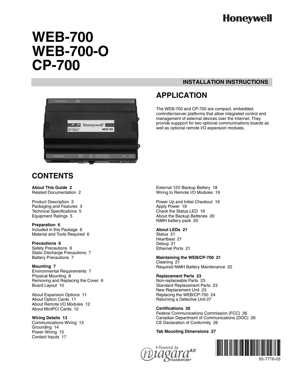 Honeywell NIAGARA WEB-700 User Manual | 28 pages