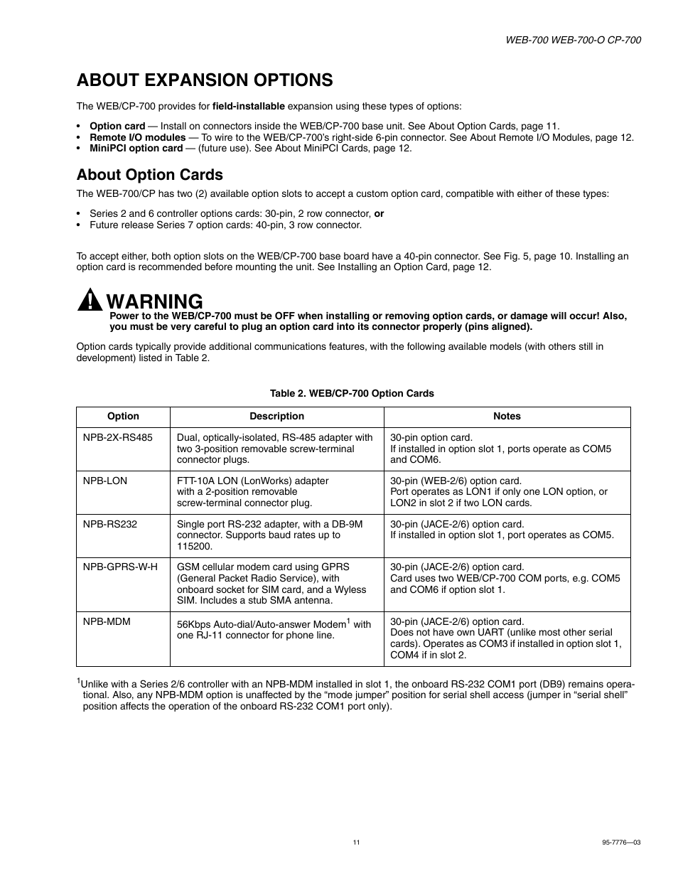 About expansion options, About option cards, About expansion options 11 | About option cards 11, Warning | Honeywell NIAGARA WEB-700 User Manual | Page 11 / 28