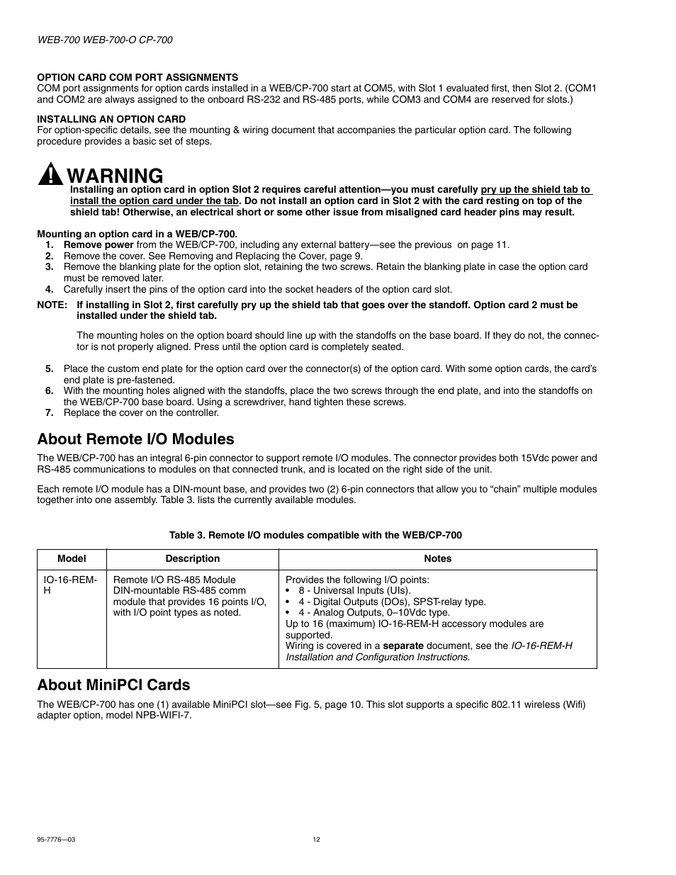About remote i/o modules, About minipci cards, About remote i/o modules 12 | About minipci cards 12, Warning | Honeywell NIAGARA WEB-700 User Manual | Page 12 / 28