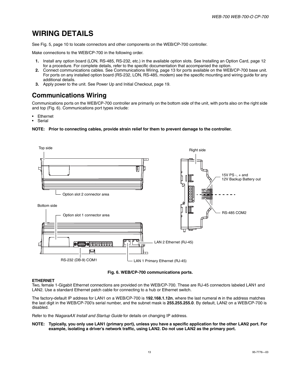 Wiring details, Communications wiring, Wiring details 13 | Communications wiring 13 | Honeywell NIAGARA WEB-700 User Manual | Page 13 / 28