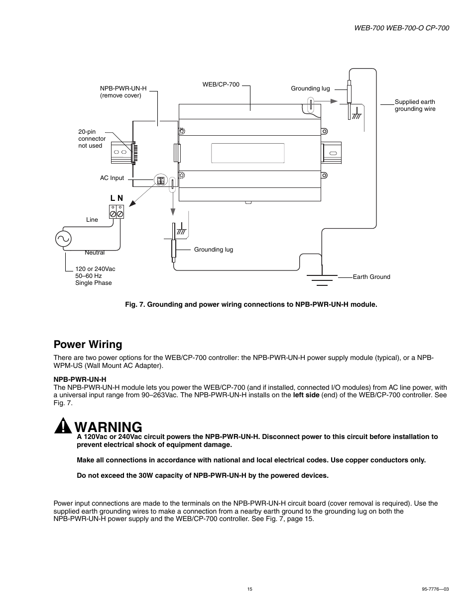 Power wiring, Power wiring 15, Warning | Honeywell NIAGARA WEB-700 User Manual | Page 15 / 28