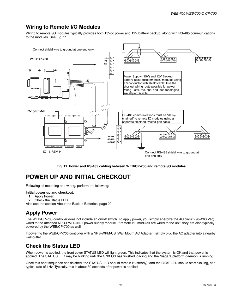 Wiring to remote i/o modules, Power up and initial checkout, Apply power | Check the status led, Wiring to remote i/o modules 19, Power up and initial checkout 19, Apply power 19, Check the status led 19 | Honeywell NIAGARA WEB-700 User Manual | Page 19 / 28