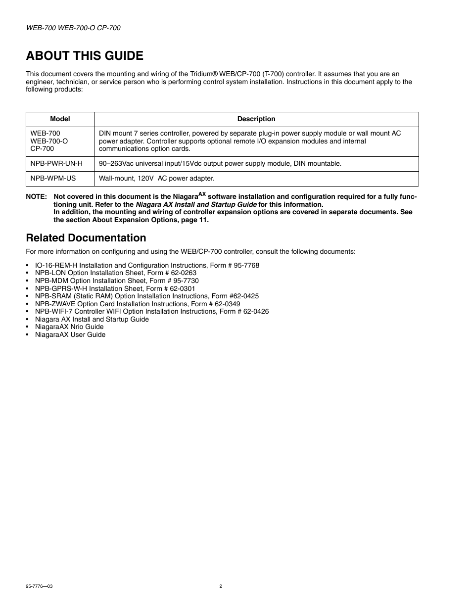 About this guide, Related documentation, About this guide 2 | Related documentation 2 | Honeywell NIAGARA WEB-700 User Manual | Page 2 / 28