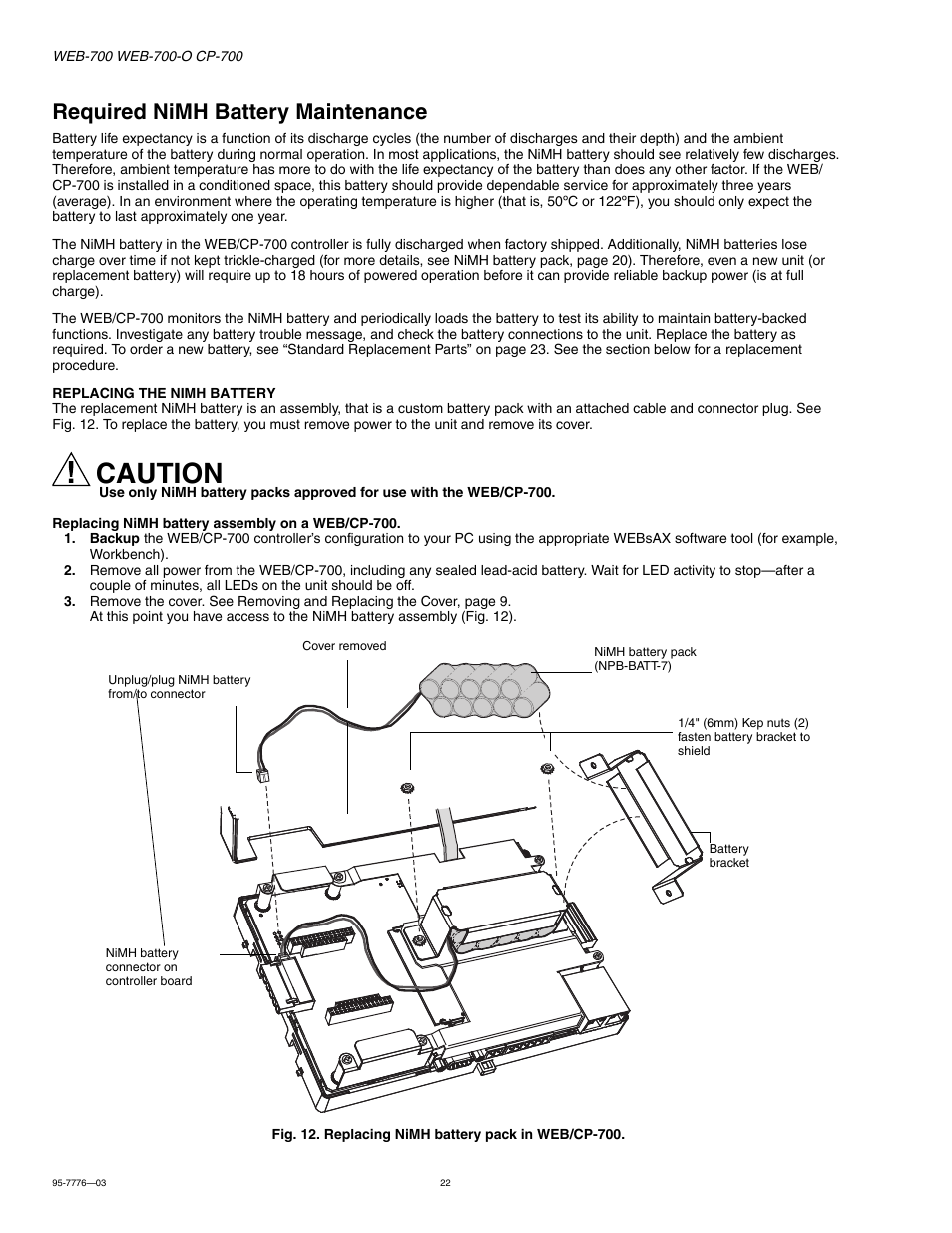 Required nimh battery maintenance, Required nimh battery maintenance 22, Caution | Honeywell NIAGARA WEB-700 User Manual | Page 22 / 28