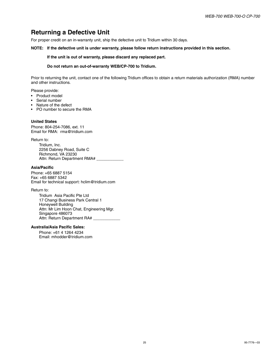 Returning a defective unit | Honeywell NIAGARA WEB-700 User Manual | Page 25 / 28