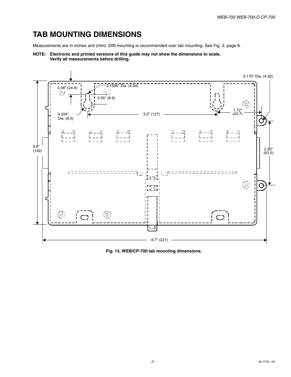 Tab mounting dimensions, Tab mounting dimensions 27 | Honeywell NIAGARA WEB-700 User Manual | Page 27 / 28