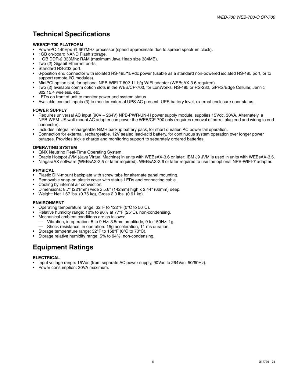 Technical specifications, Equipment ratings, Technical specifications 5 | Equipment ratings 5 | Honeywell NIAGARA WEB-700 User Manual | Page 5 / 28