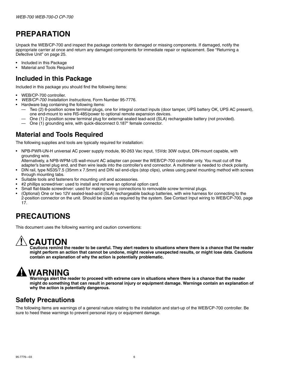 Preparation, Included in this package, Material and tools required | Precautions, Safety precautions, Preparation 6, Included in this package 6, Material and tools required 6, Precautions 6, Safety precautions 6 | Honeywell NIAGARA WEB-700 User Manual | Page 6 / 28