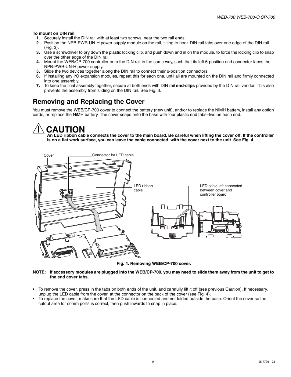 Removing and replacing the cover, Removing and replacing the cover 9, Caution | Honeywell NIAGARA WEB-700 User Manual | Page 9 / 28