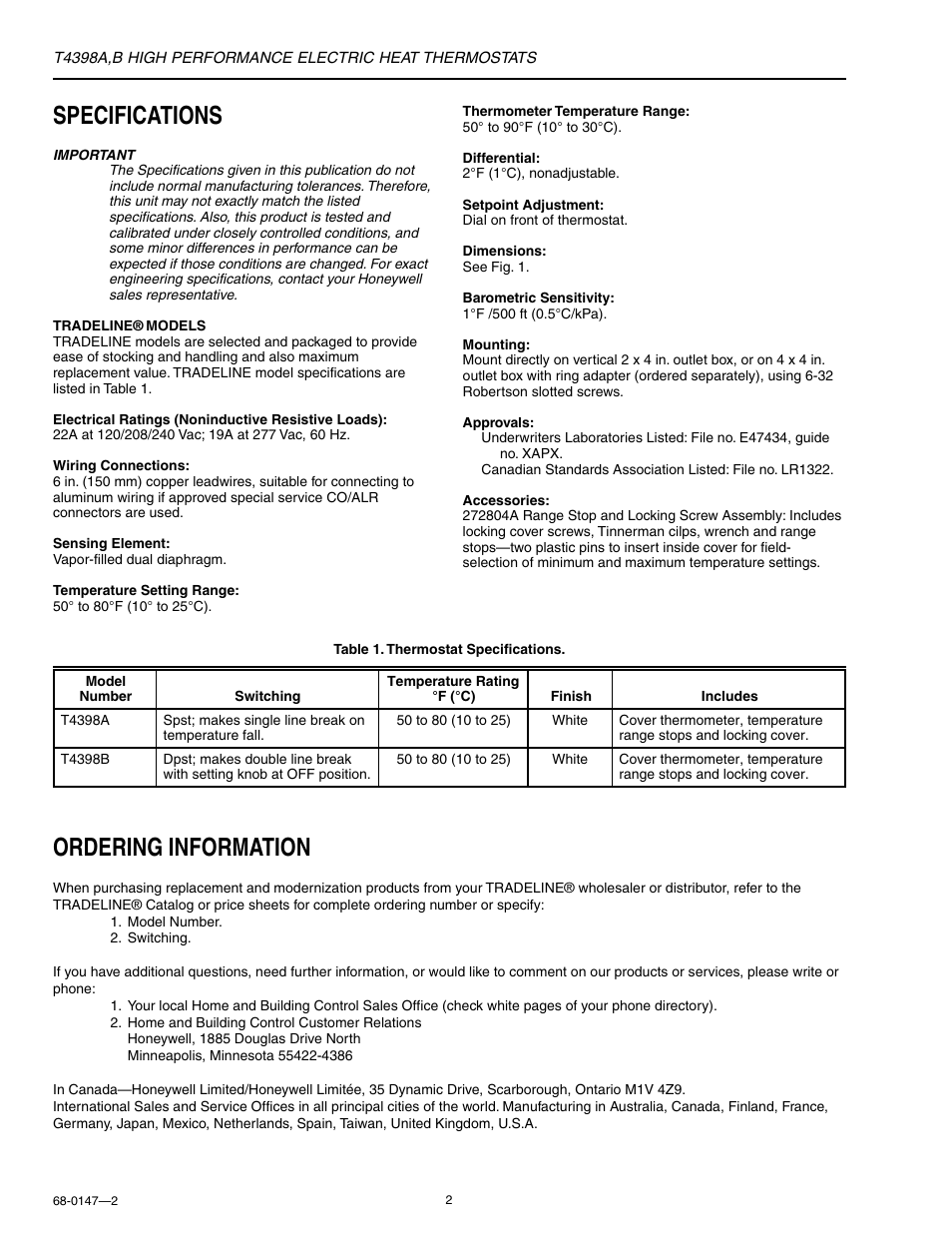 Specifications, Ordering information | Honeywell HEAT THERMOSTATS T4398A User Manual | Page 2 / 8