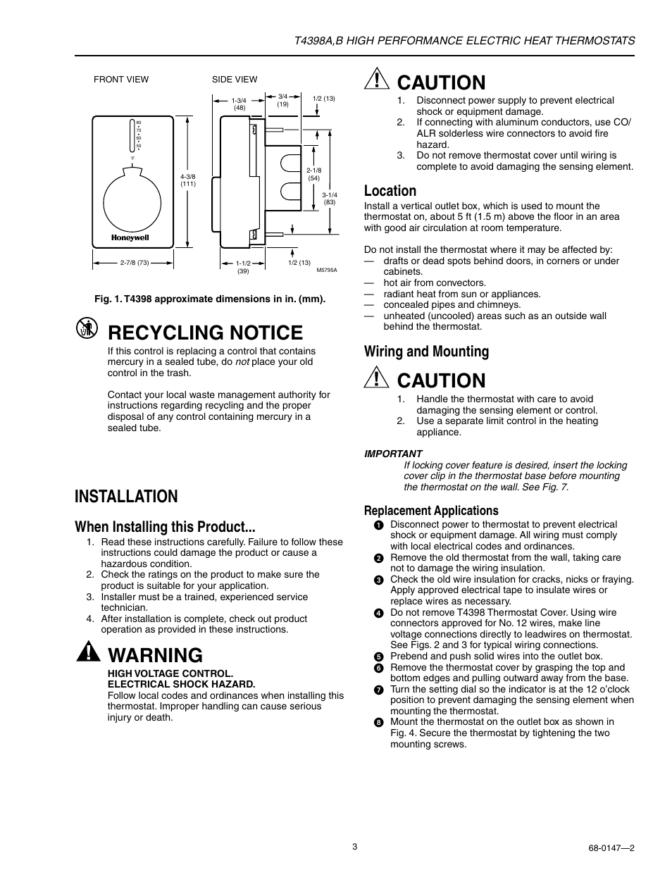 Recycling notice, Warning, Caution | Installation, When installing this product, Location, Wiring and mounting, Replacement applications | Honeywell HEAT THERMOSTATS T4398A User Manual | Page 3 / 8