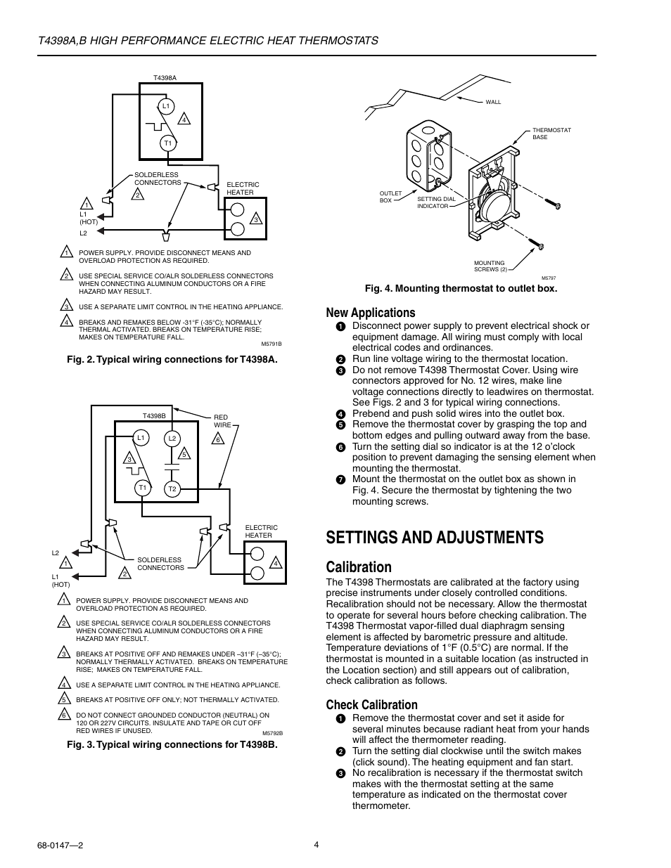 Settings and adjustments, Calibration, New applications | Check calibration | Honeywell HEAT THERMOSTATS T4398A User Manual | Page 4 / 8