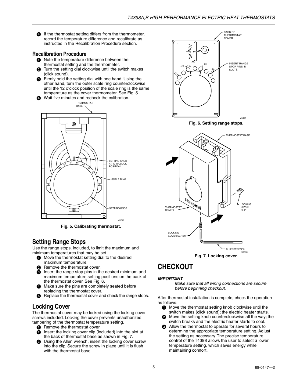 Checkout, Setting range stops, Locking cover | Recalibration procedure | Honeywell HEAT THERMOSTATS T4398A User Manual | Page 5 / 8