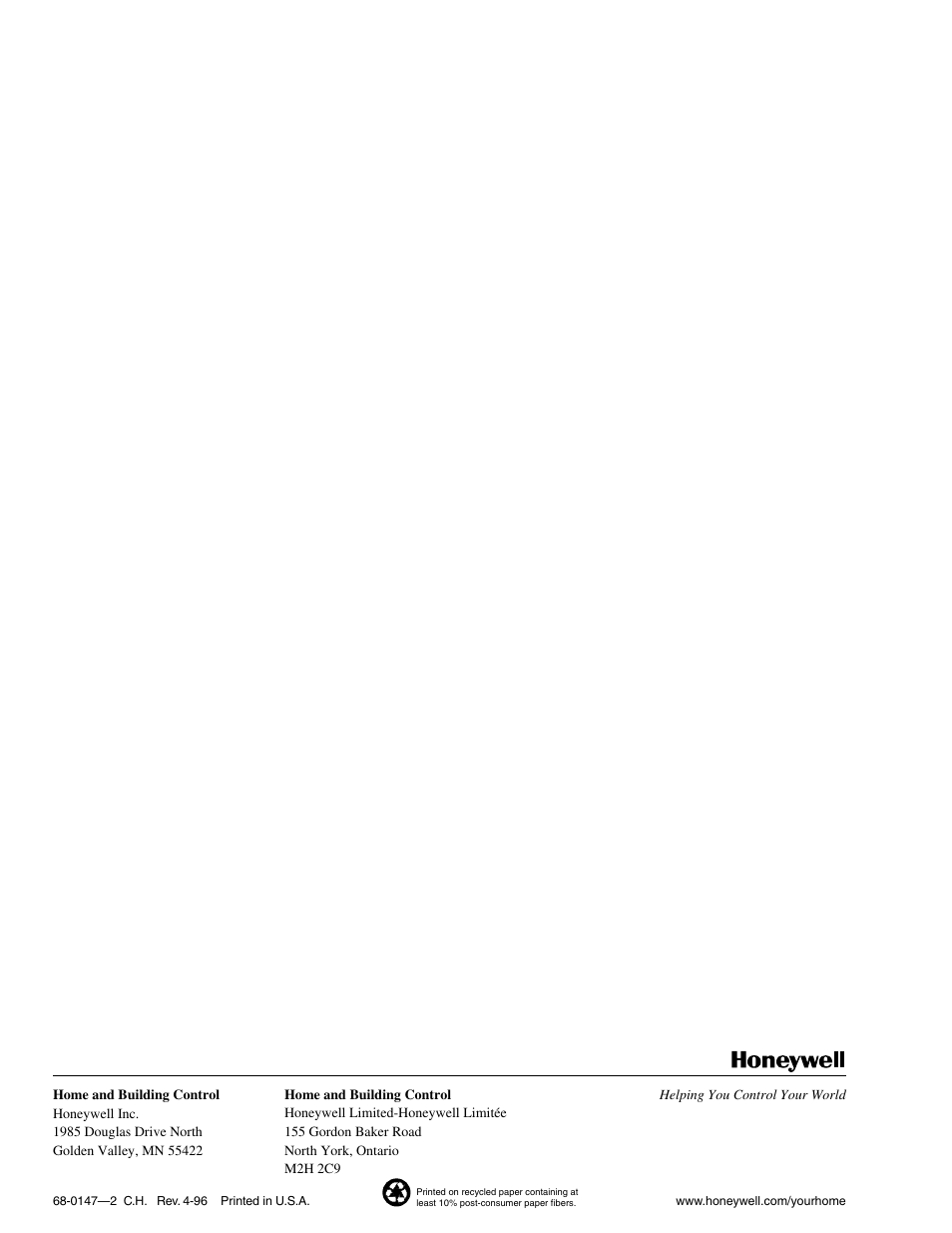 Honeywell HEAT THERMOSTATS T4398A User Manual | Page 8 / 8