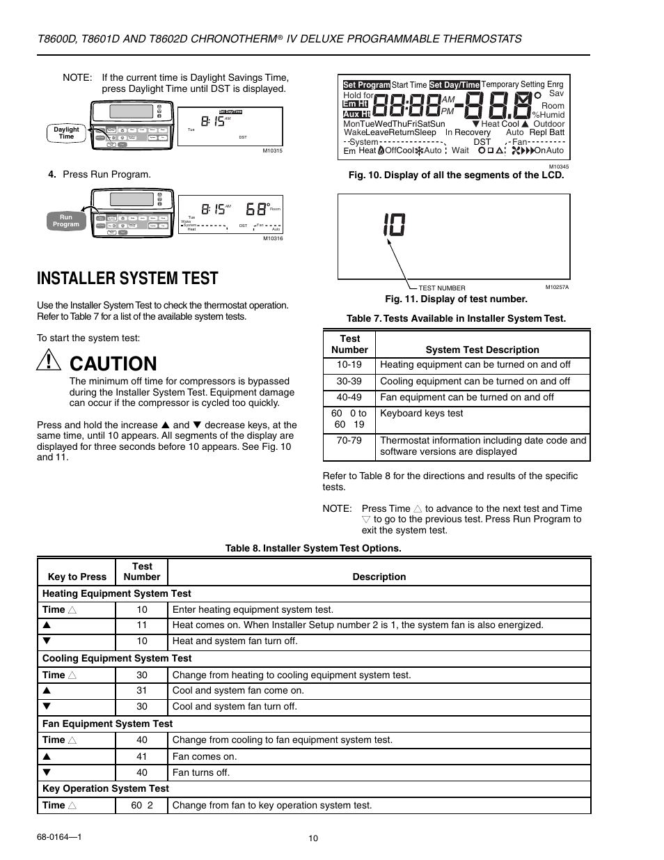 Installer self-test, Caution, Installer system test | Iv deluxe programmable thermostats | Honeywell CHRONOTHERM T8602D User Manual | Page 10 / 28