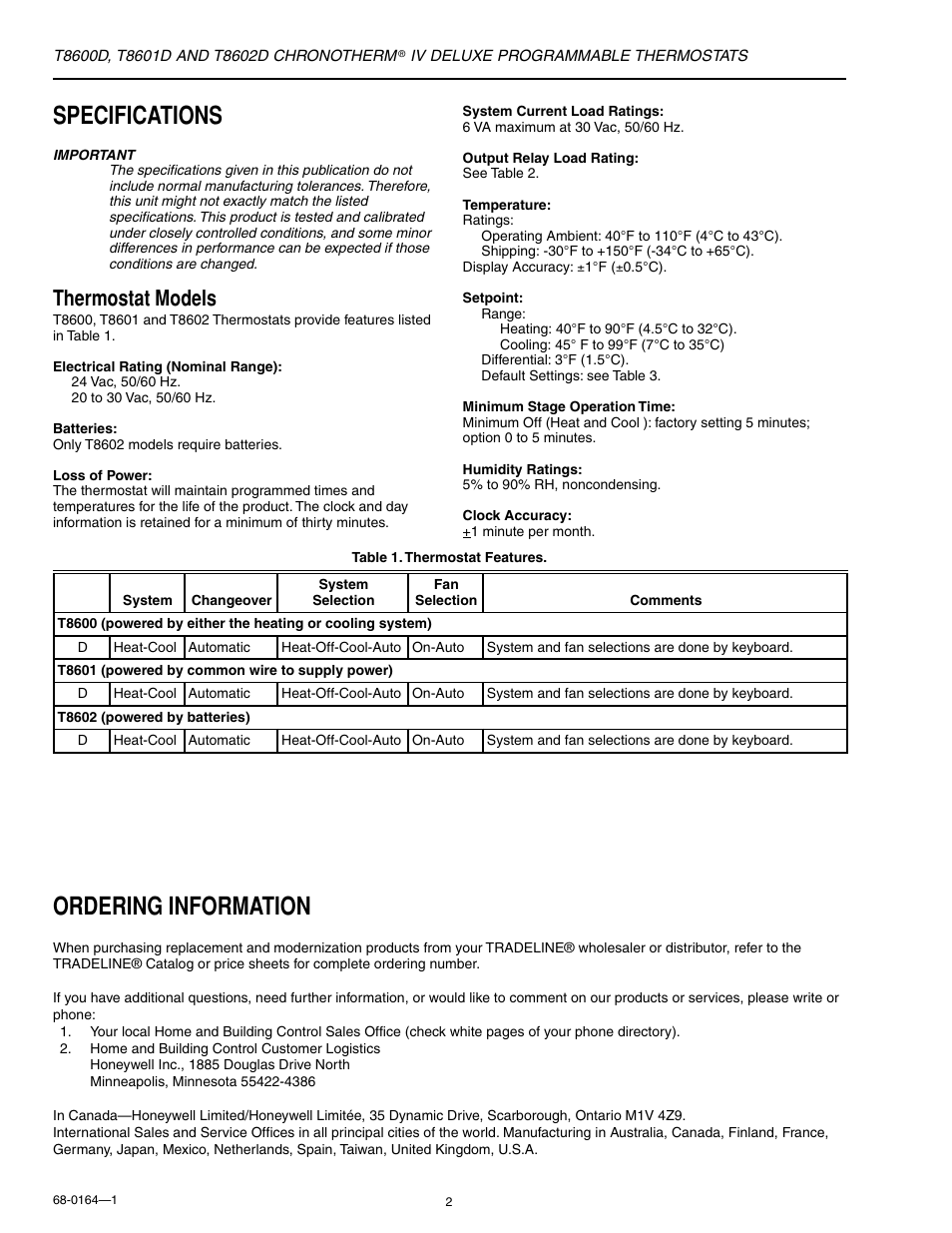 Specifications, Ordering information, Thermostat models | Honeywell CHRONOTHERM T8602D User Manual | Page 2 / 28