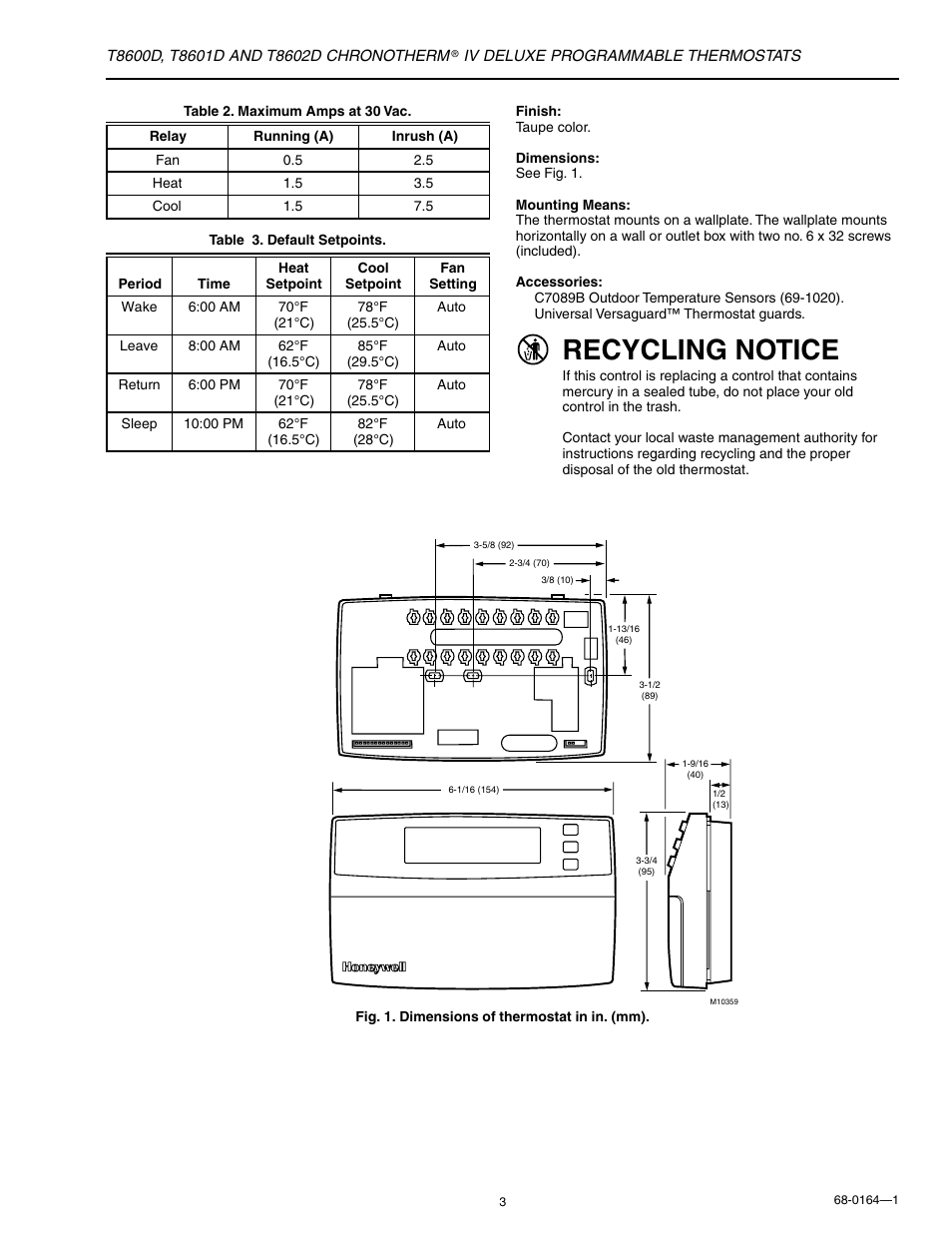 Installation, Recycling notice | Honeywell CHRONOTHERM T8602D User Manual | Page 3 / 28